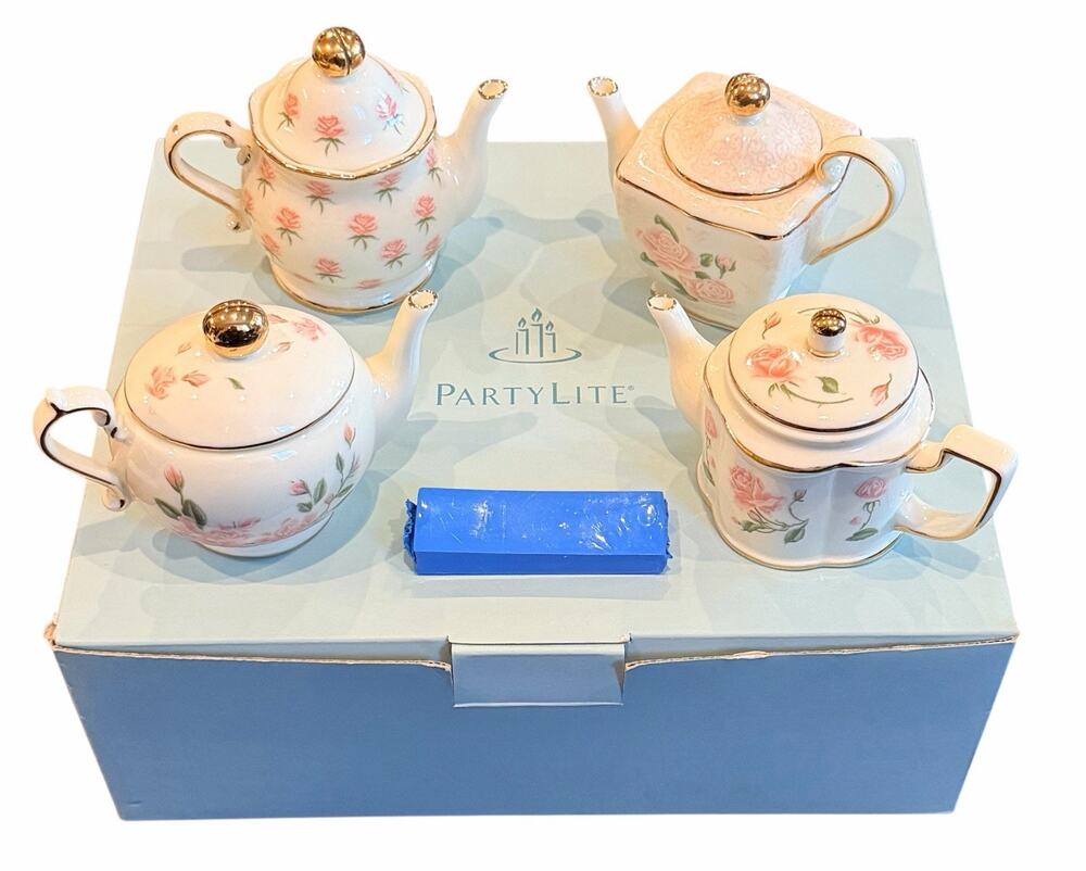 Partylite (Rare) Romantic Chic Tea Pot Set Tea Light Holders W/ Brass Inserts